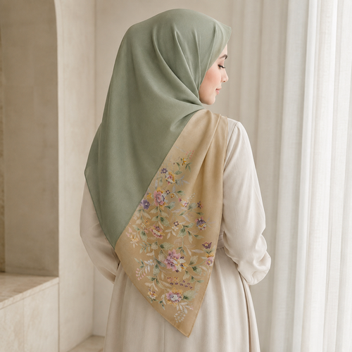 Kimono Square Hijab Hana Moss Green - worn