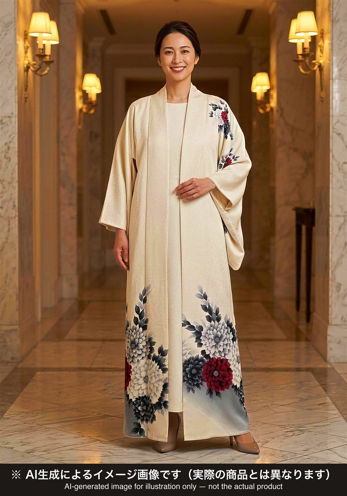 KIMONO ABAYA SEMI-ORDER ダリア菊 着用イメージ(AI生成)