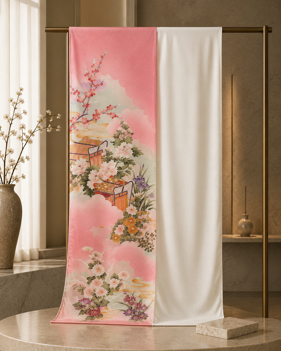 Kimono Jewel ショール ― 五重塔と牡丹