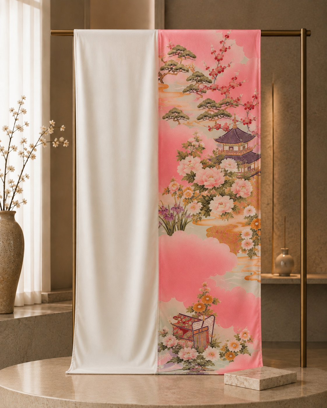 Kimono Jewel ショール ― 五重塔と牡丹