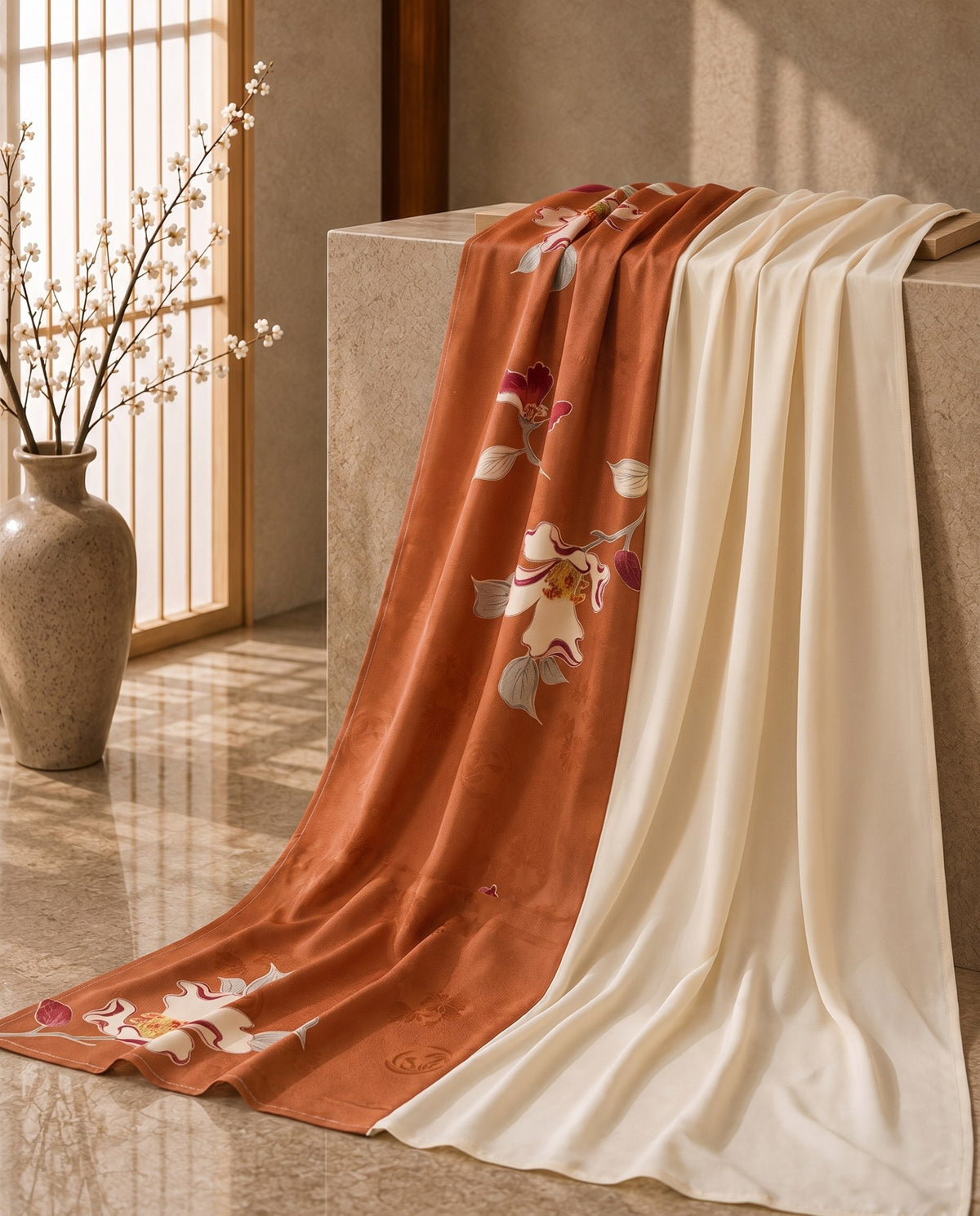 Kimono Grace ショール 椿 – 柿色