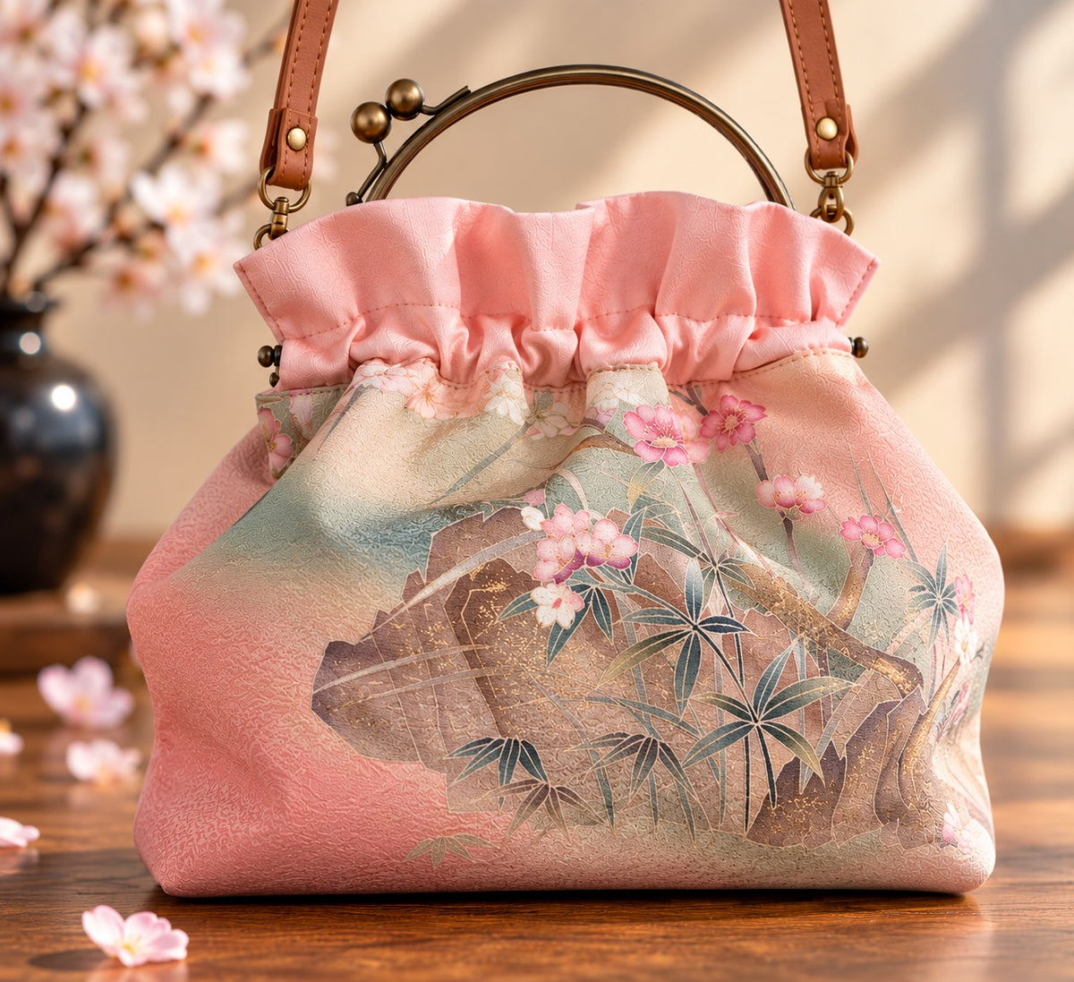 着物バッグ 桜と竹 ピンク×グリーン 裏