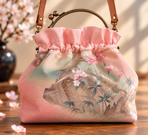 着物バッグ 桜と竹 ピンク×グリーン 裏