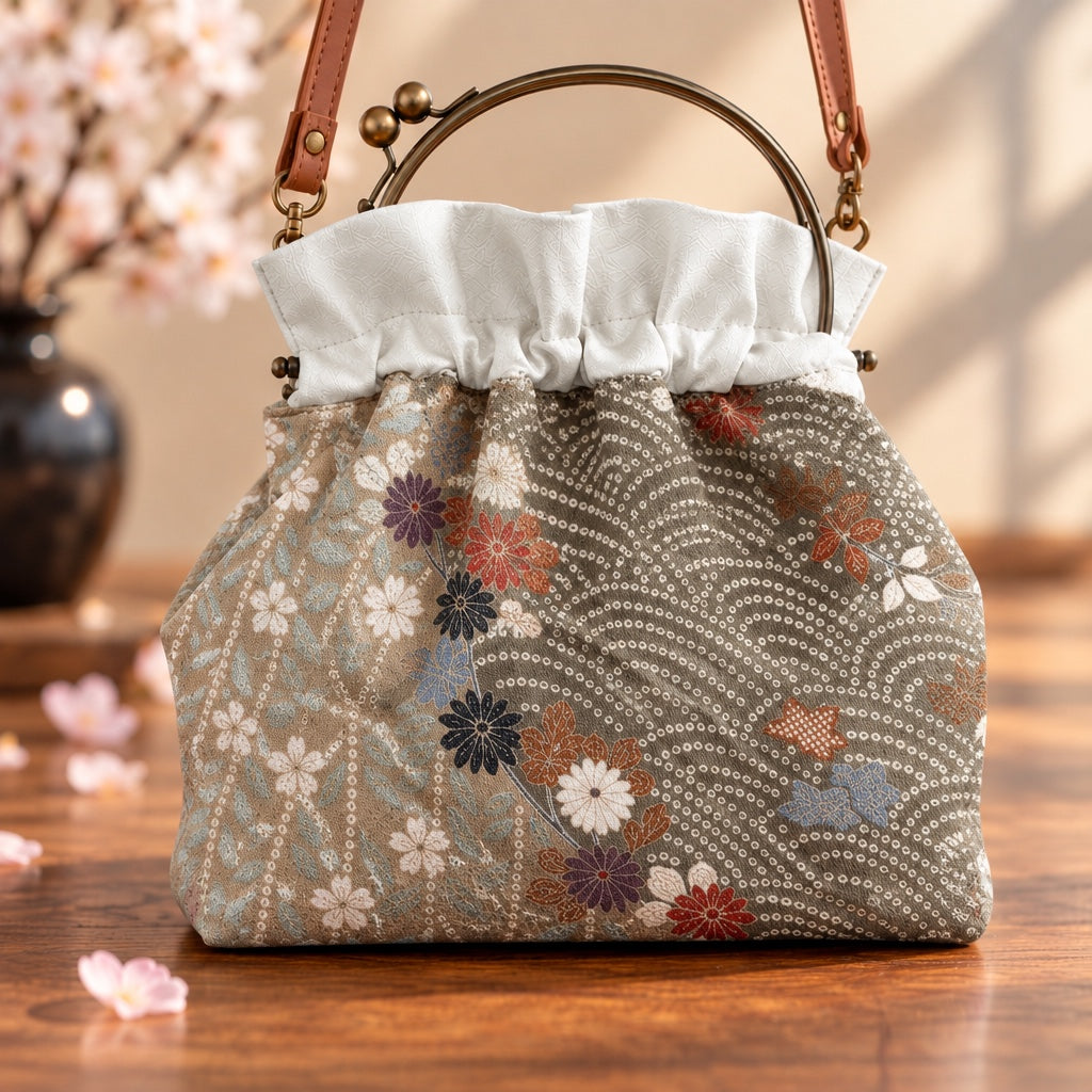 着物バッグ 菊と青海波 ベージュ×グレー 裏