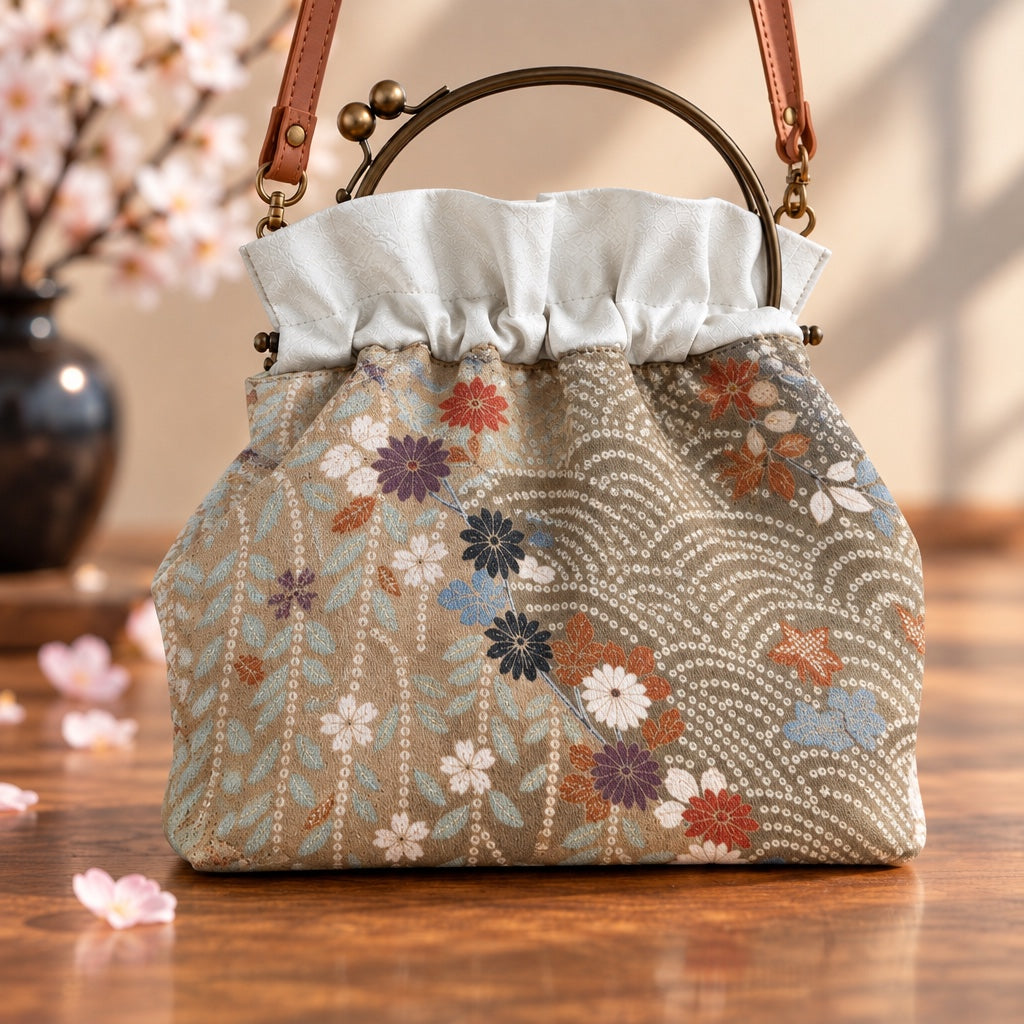 着物バッグ 菊と青海波 ベージュ×グレー 表