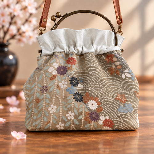 着物バッグ 菊と青海波 ベージュ×グレー 表