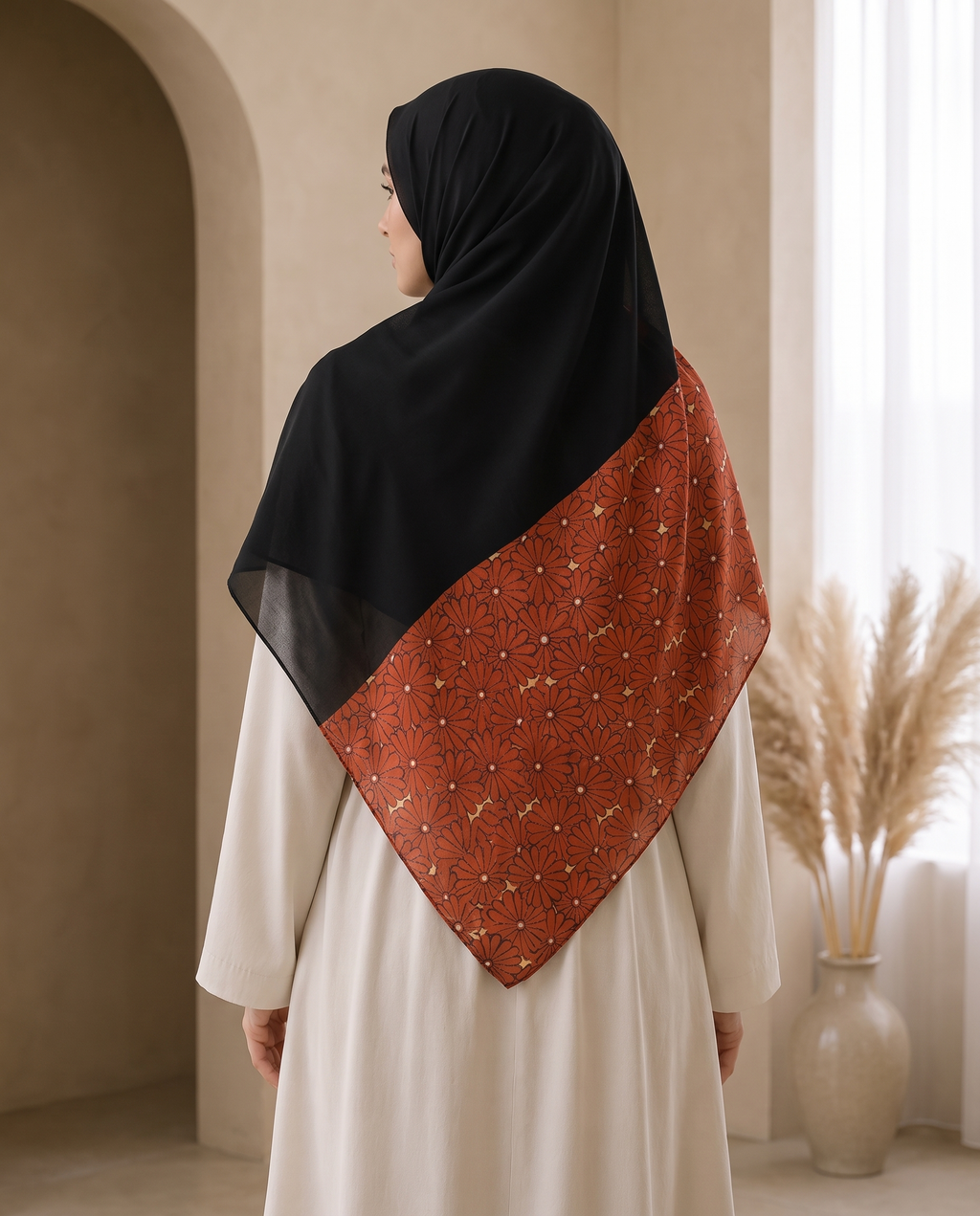 Kimono Square Hijab Kiku Vermilion - worn