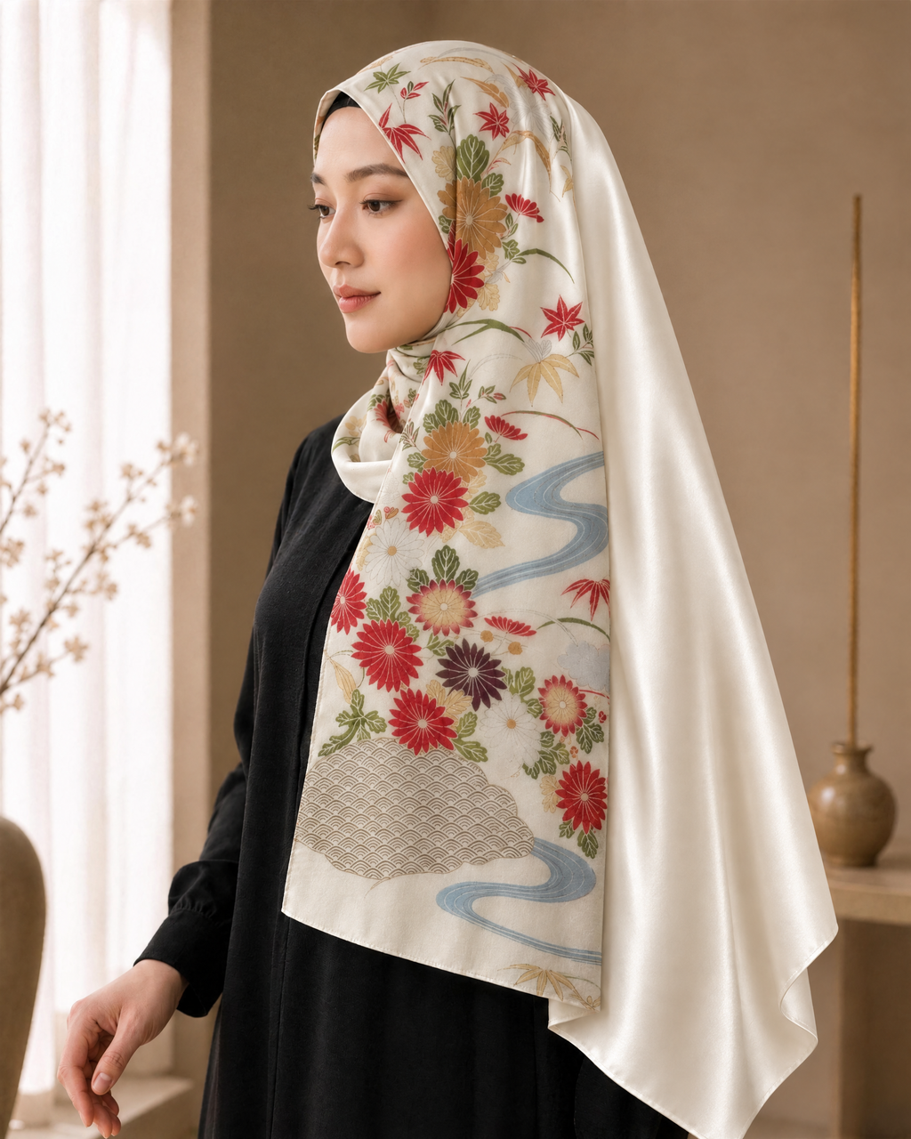 Kimono Grace ショール 菊と流水 アイボリー 着用イメージ