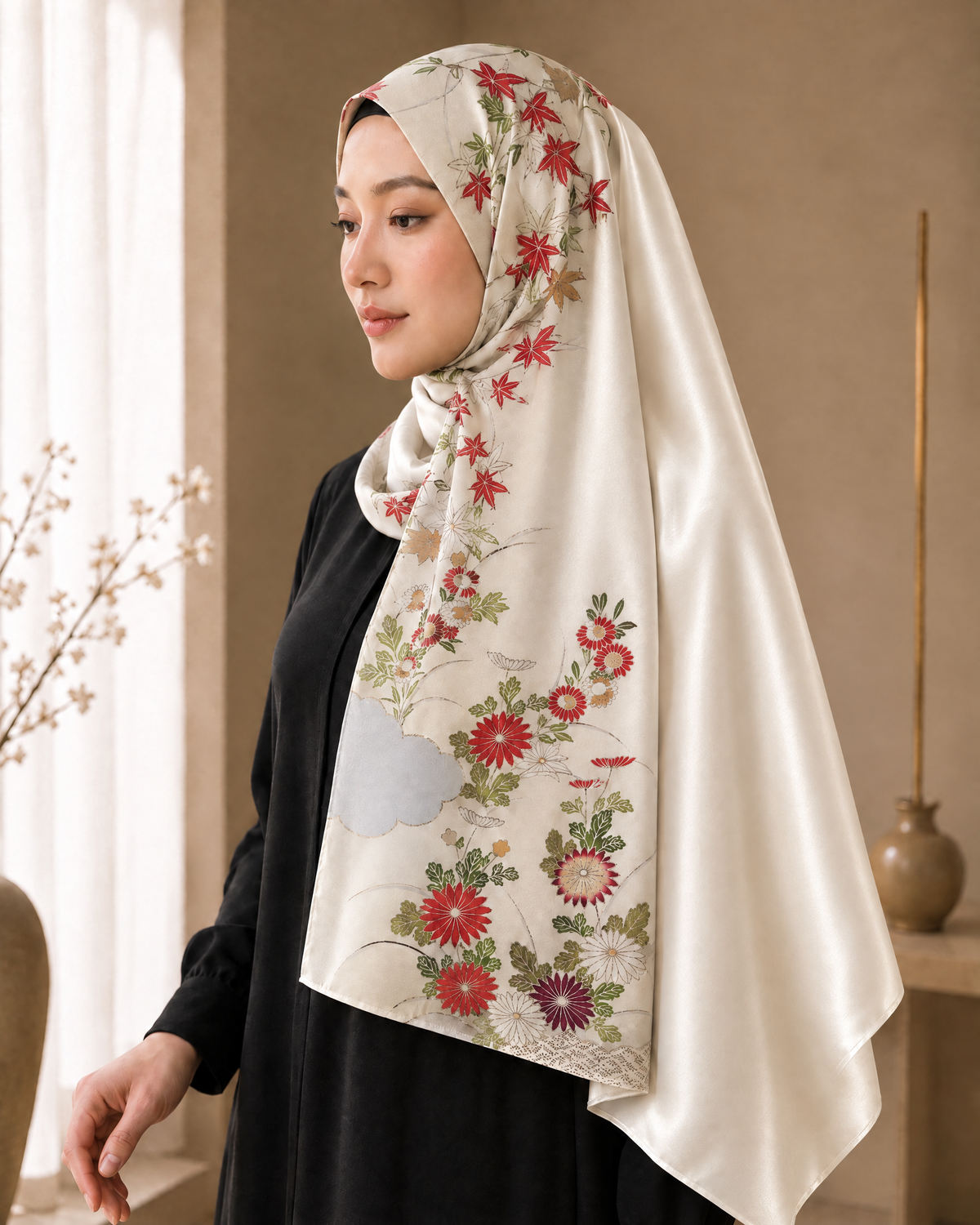 Kimono Grace ショール 紅葉と菊 アイボリー 着用イメージ