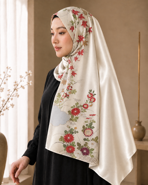 Kimono Grace ショール 紅葉と菊 アイボリー 着用イメージ