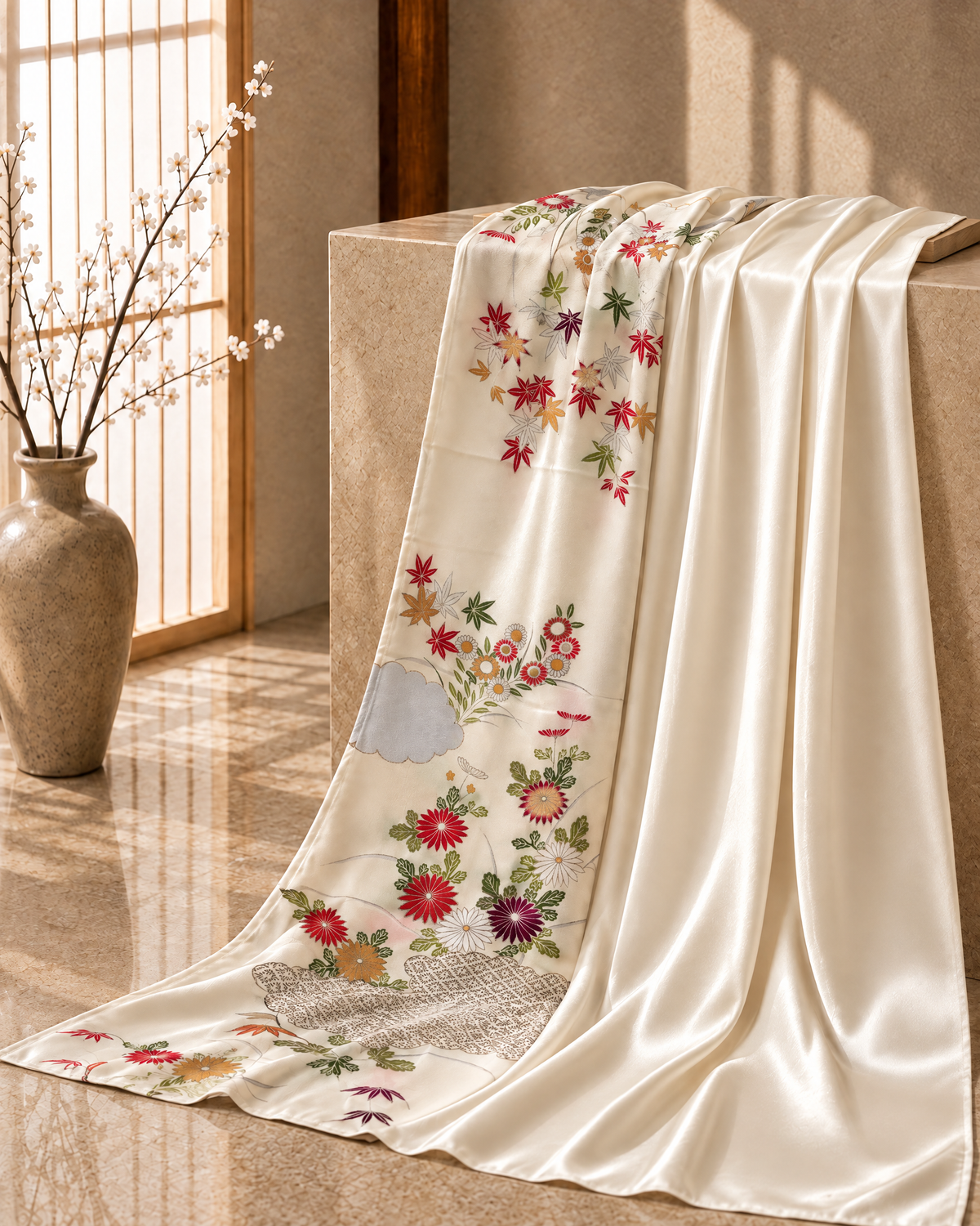 Kimono Grace ショール 紅葉と菊 アイボリー ドレープ